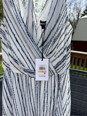 DKNY White Dress with Navy Chain-Stripe Print